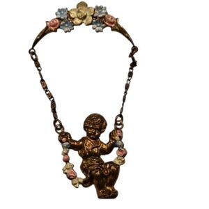 RARE 1920s VINTAGE MIXED‎ METALS CHERUB ANGEL SWINGING ON SWING BROOCH